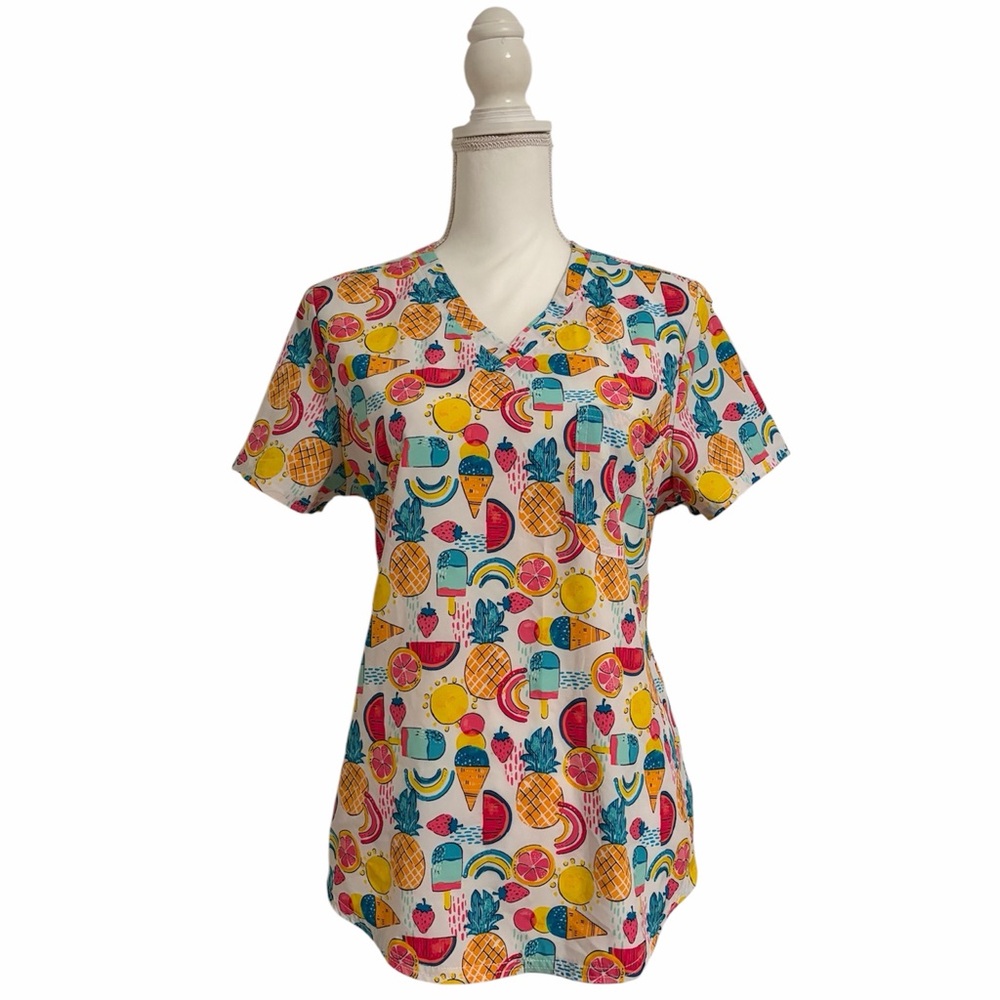 Cherokee Multicolor Fruit-Print V-Neck Nursing Medical Scrub Top Women’s Medium
